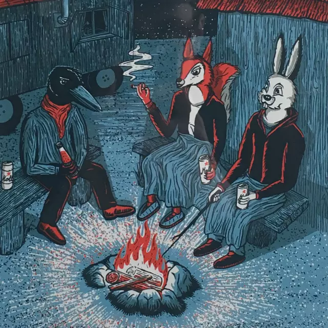 Das Bild »Campfire Scene« zeigt eine Gruppe von humanoiden Tieren, die um ein Lagerfeuer sitzen.